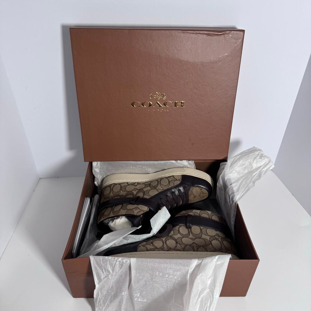 Coach Ray Outline Signature High Top Sneakers Khaki Chestnut 6.5 New Defect - Picture 5 of 14